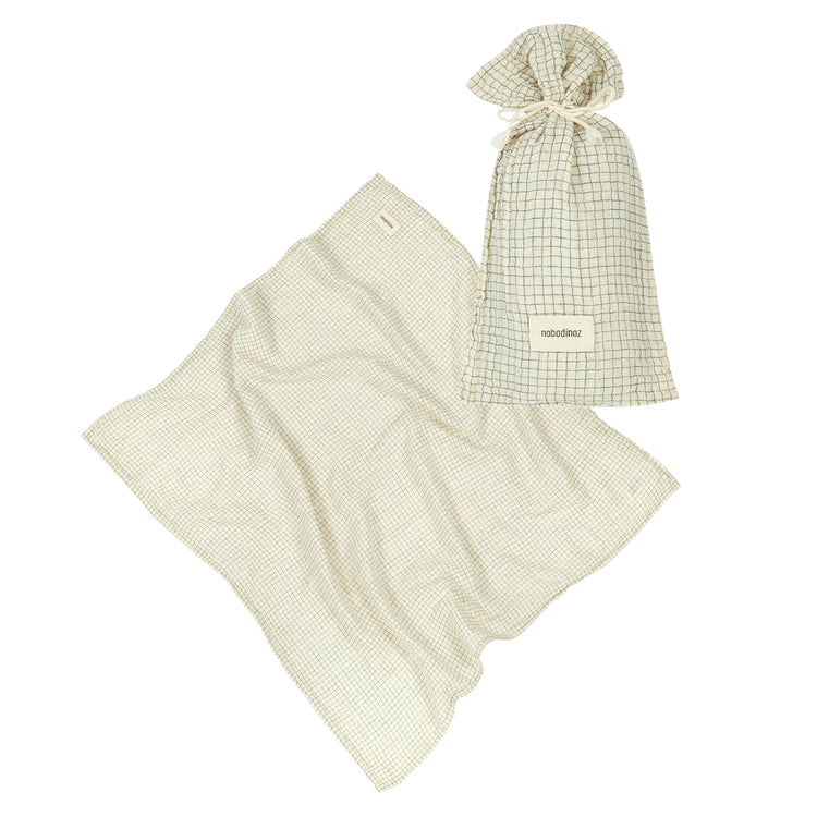 Birth gift swaddle 70 x 70 cm Wabi-Sabi, blue grid